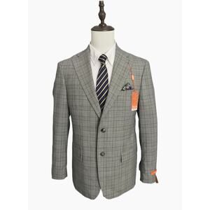 Tallia Suit Jacket Men's 42 Long Stretch Wool Blend Cream/Brown Plaid NEW